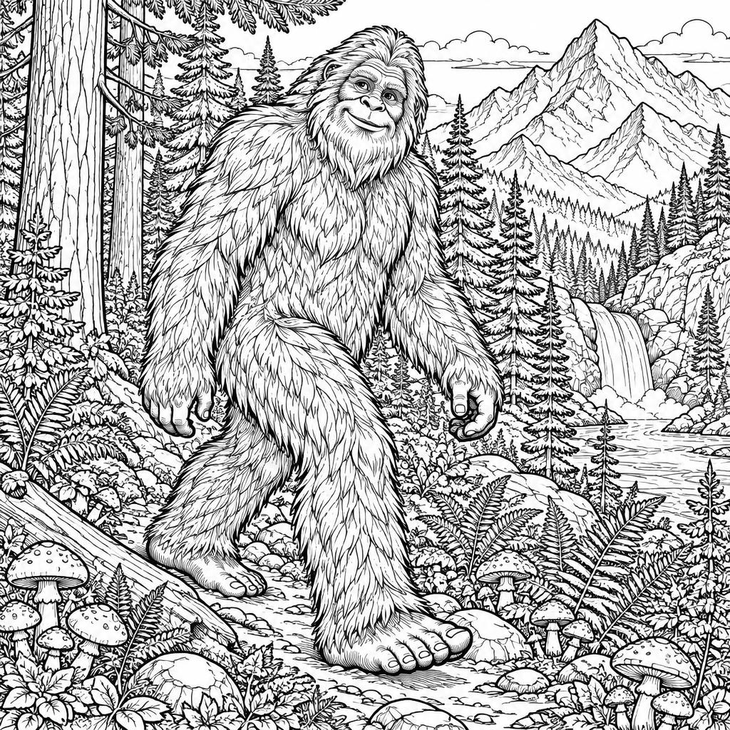 Example intricate-detail adult coloring book page from the Bigfoot & Cryptids topic, shown with a SAMPLE watermark
