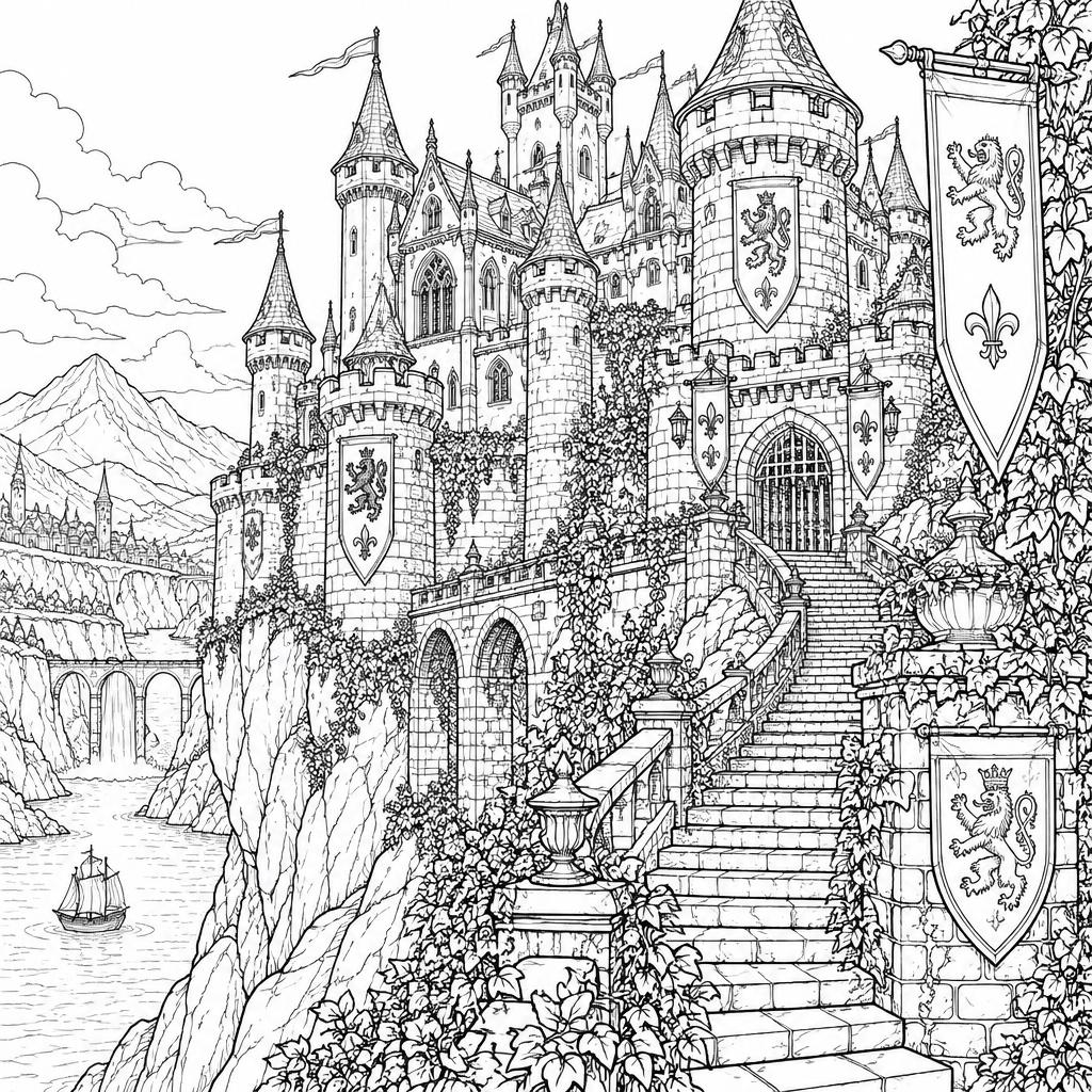 Example intricate-detail adult coloring book page from the Castles & Keeps topic, shown with a SAMPLE watermark