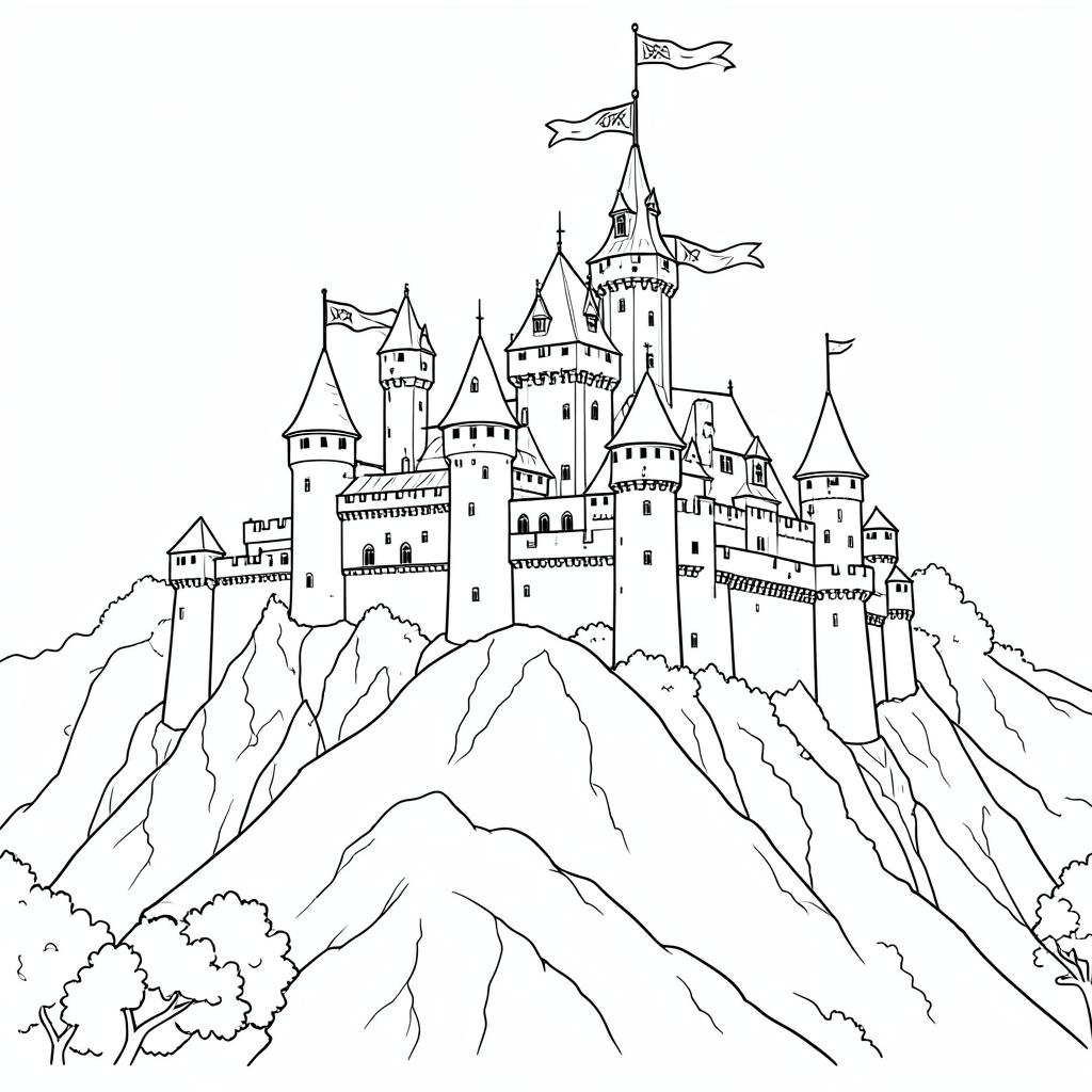 Example medium-detail adult coloring book page from the Castles & Keeps topic, shown with a SAMPLE watermark