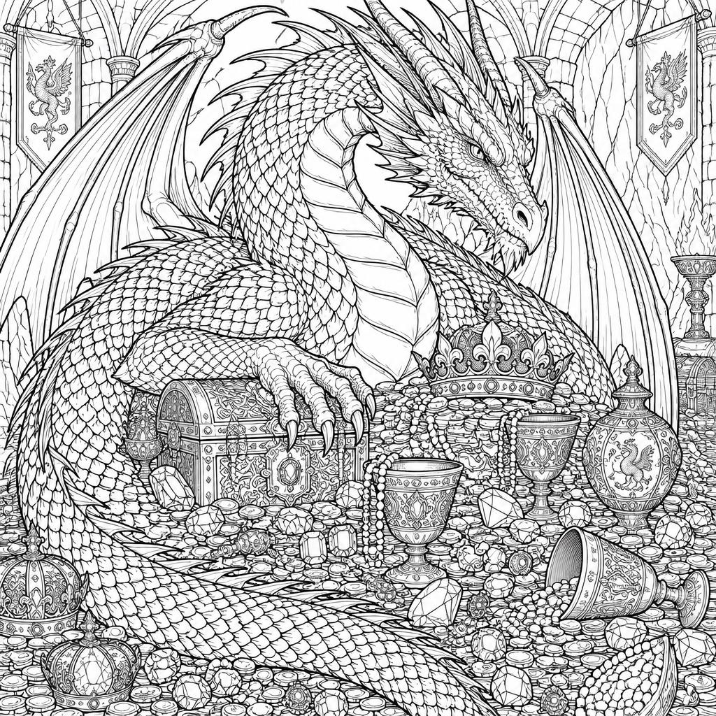 Example intricate-detail adult coloring book page from the Dragons topic, shown with a SAMPLE watermark
