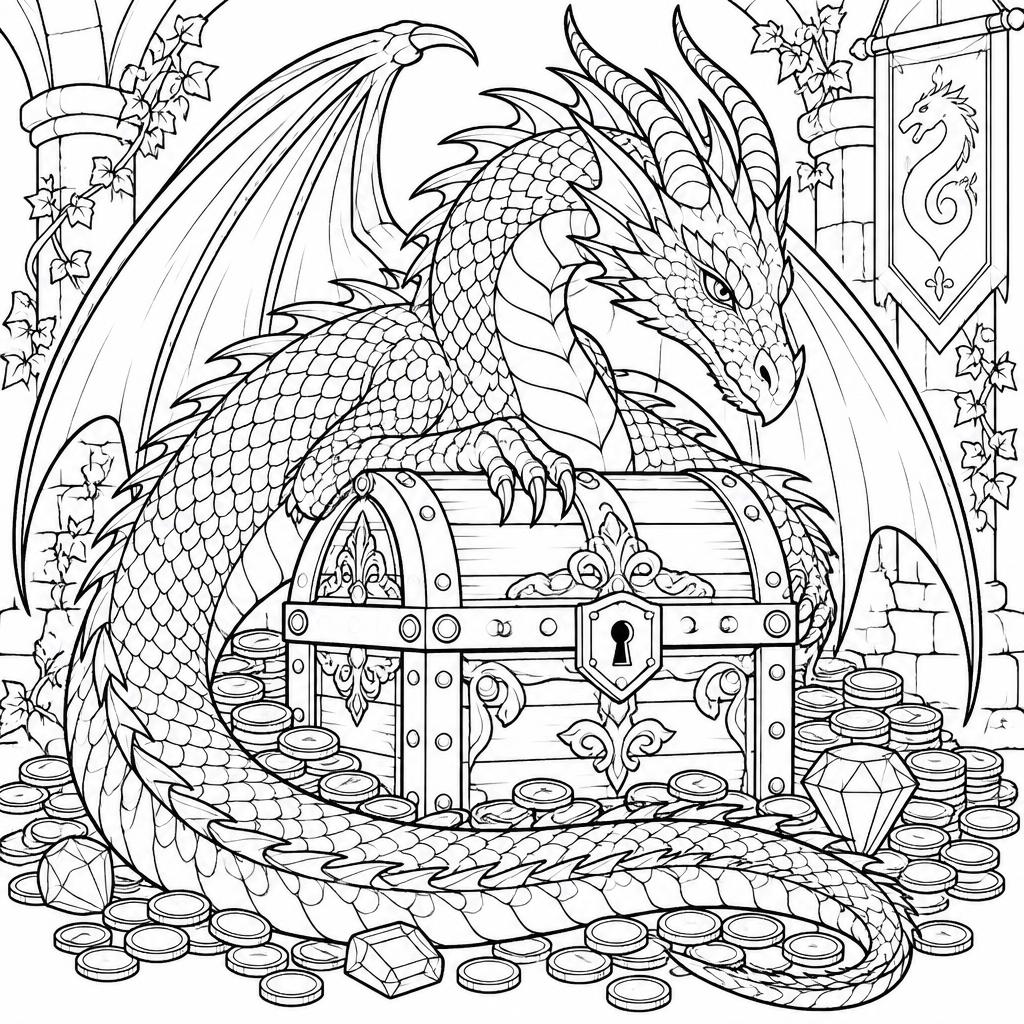 Example medium-detail adult coloring book page from the Dragons topic, shown with a SAMPLE watermark