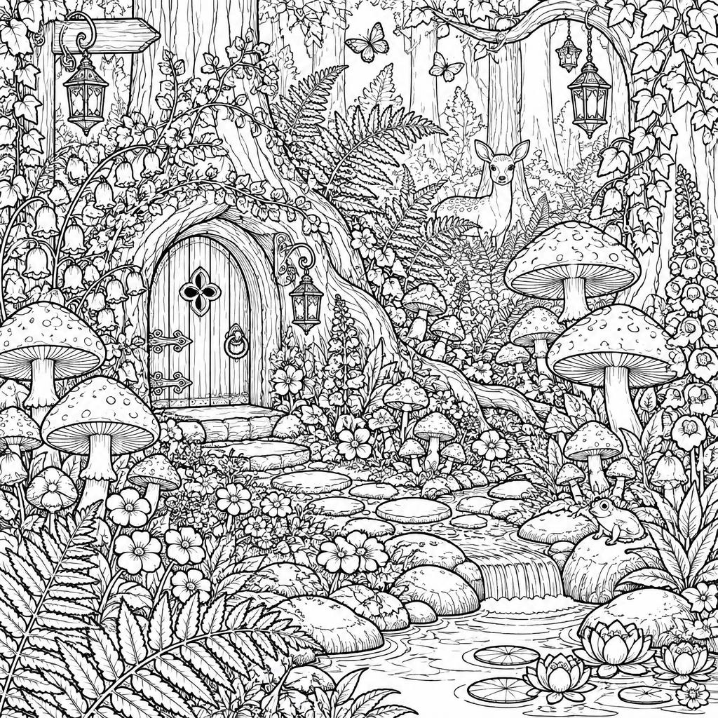 Example intricate-detail adult coloring book page from the Fantasy Realms topic, shown with a SAMPLE watermark