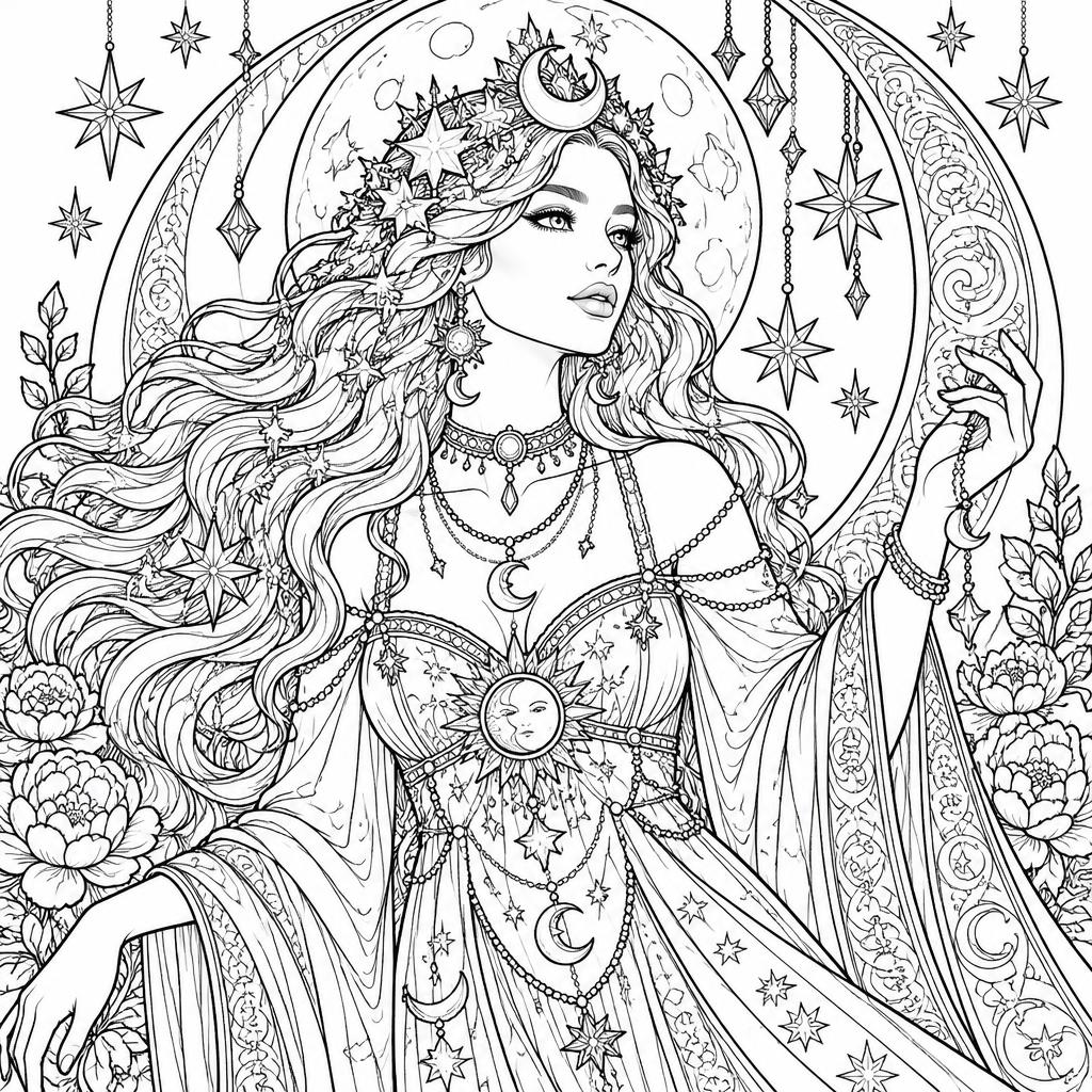 Example intricate-detail adult coloring book page from the Goddesses topic, shown with a SAMPLE watermark
