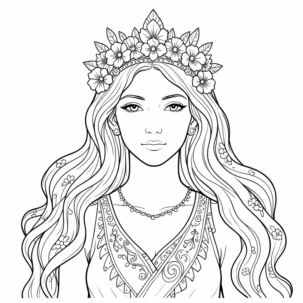 Example medium-detail adult coloring book page from the Goddesses topic, shown with a SAMPLE watermark
