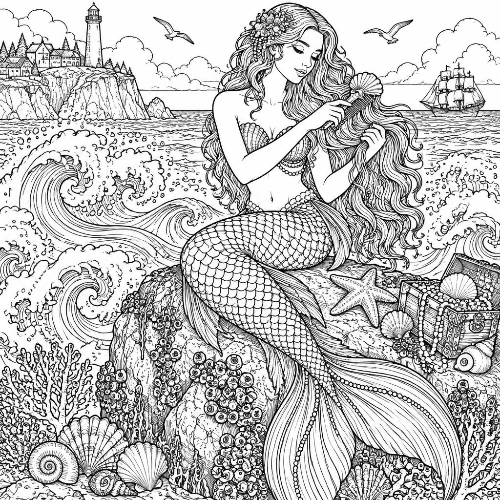 Example intricate-detail adult coloring book page from the Mermaids topic, shown with a SAMPLE watermark
