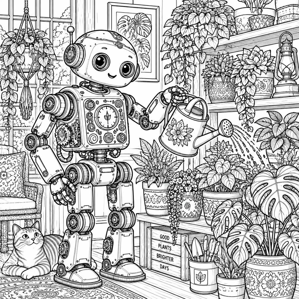 Example intricate-detail adult coloring book page from the Robots topic, shown with a SAMPLE watermark