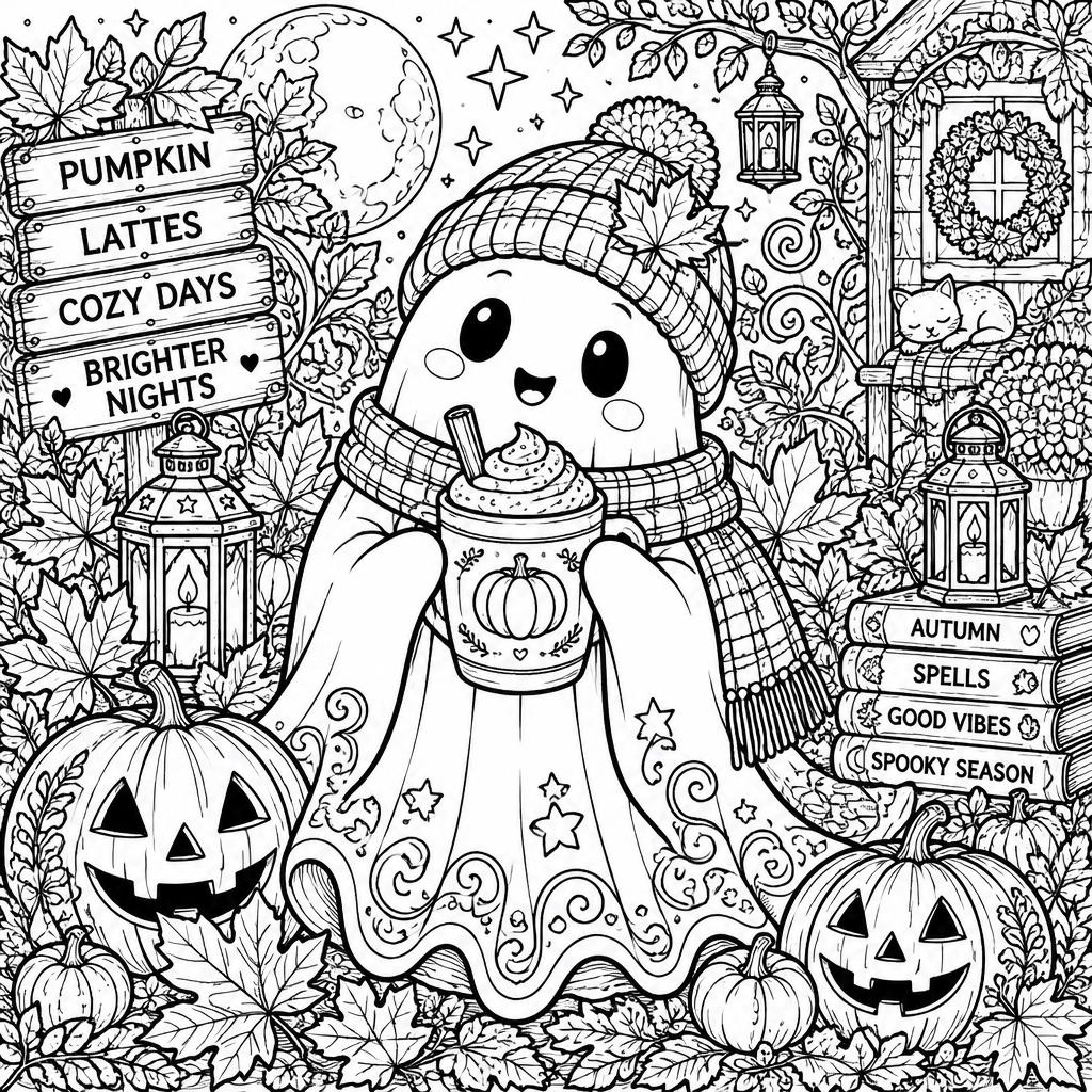 Example intricate-detail adult coloring book page from the Spooky Cute topic, shown with a SAMPLE watermark