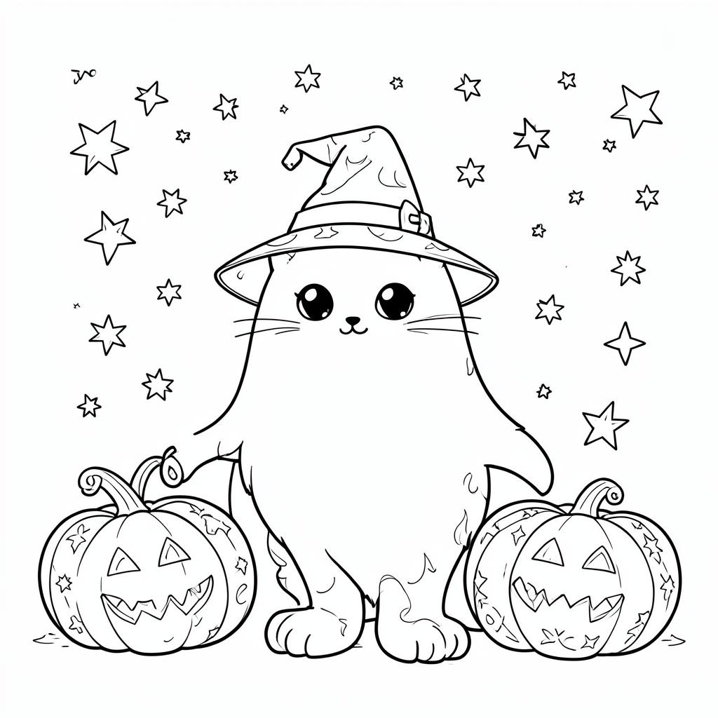 Example medium-detail adult coloring book page from the Spooky Cute topic, shown with a SAMPLE watermark
