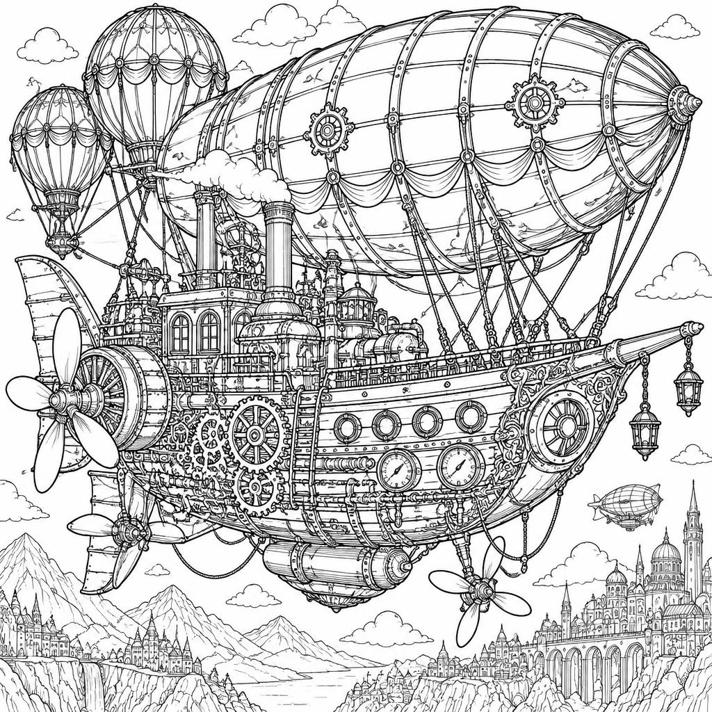 Example intricate-detail adult coloring book page from the Steampunk topic, shown with a SAMPLE watermark