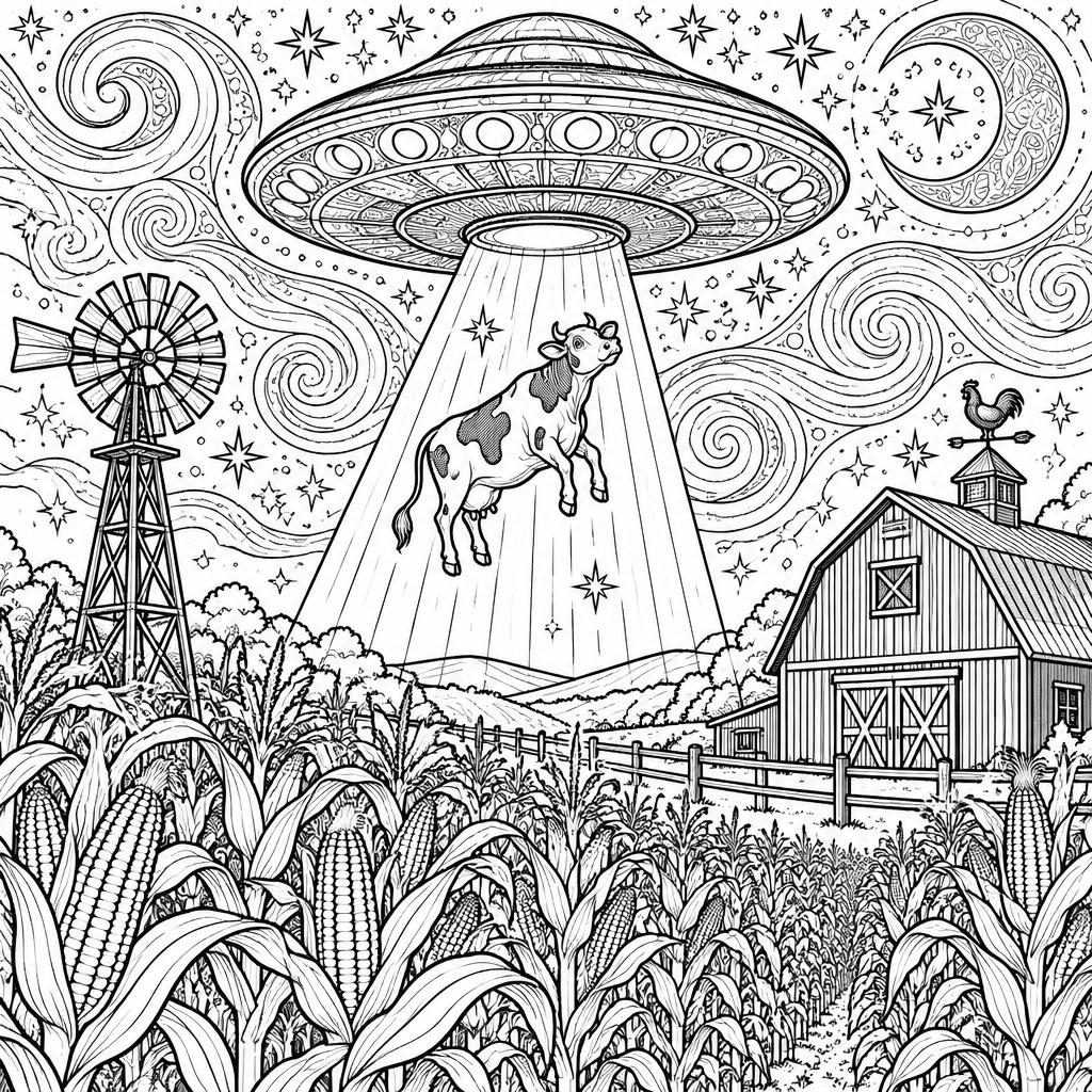 Example intricate-detail adult coloring book page from the UFOs & Cosmos topic, shown with a SAMPLE watermark